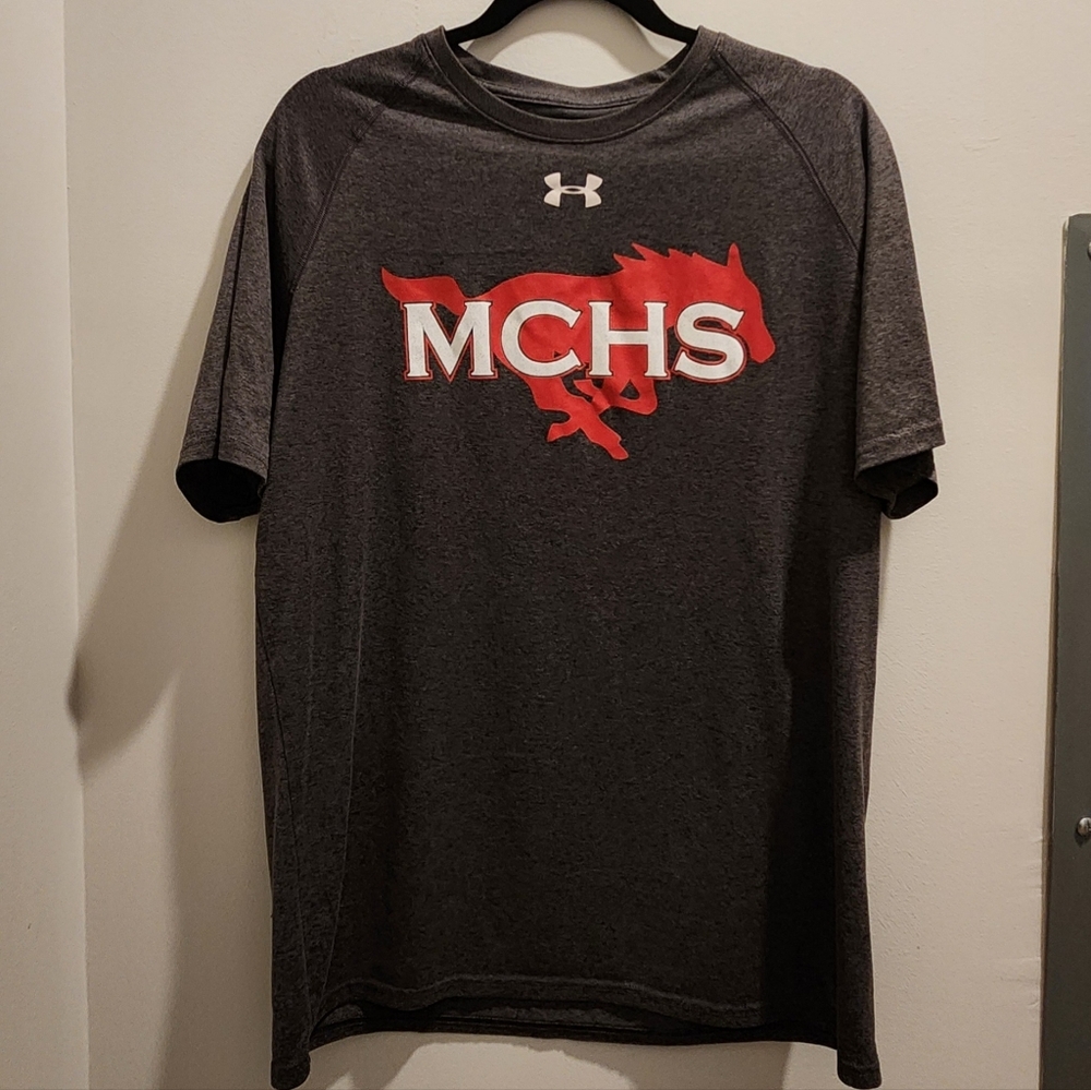 Under Armour MCHS Gray Performance T-Shirt With Red Mustang Logo